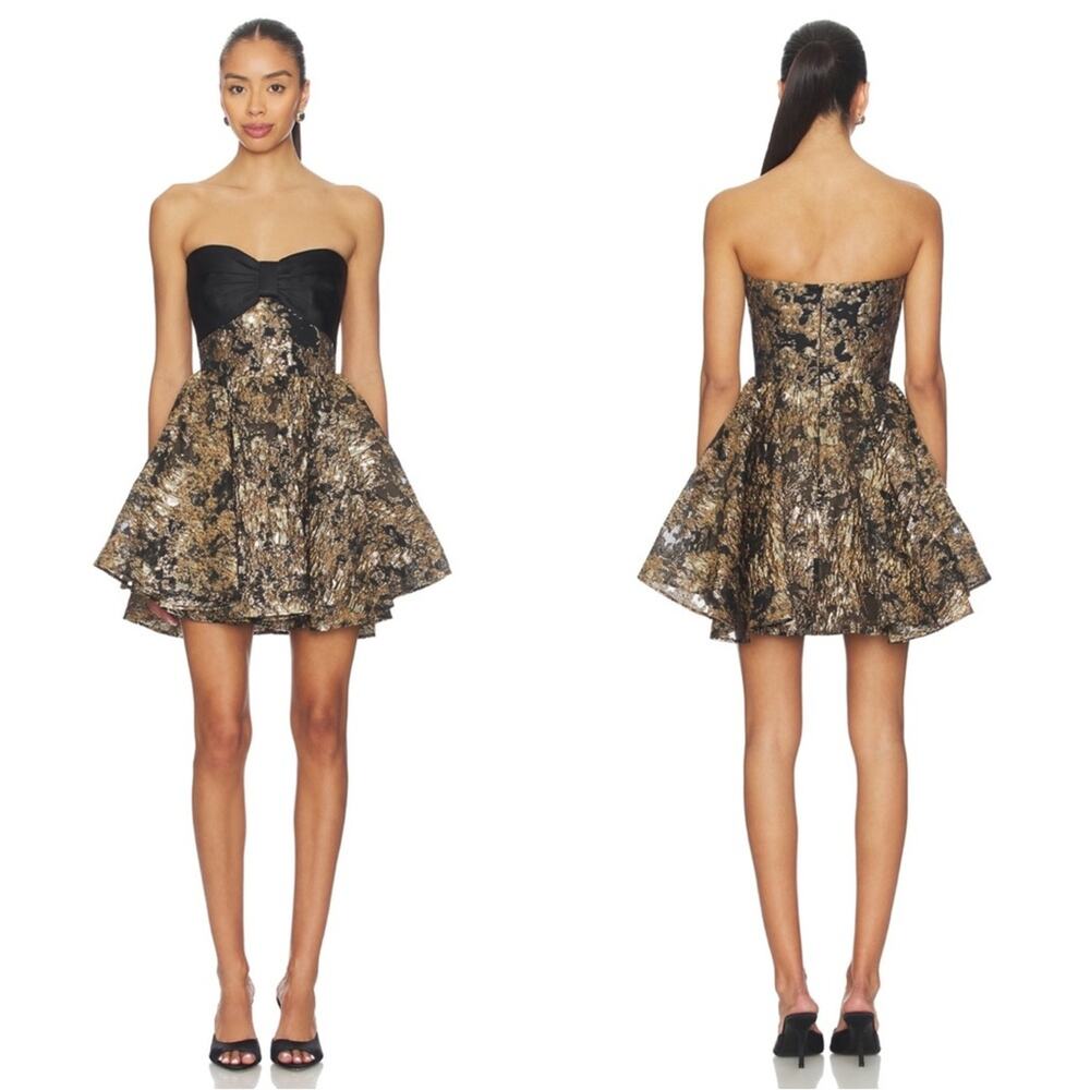 SAU LEE Jolene Strapless Bow Detail Jacquard Mini Dress in Black & Gold Size 4